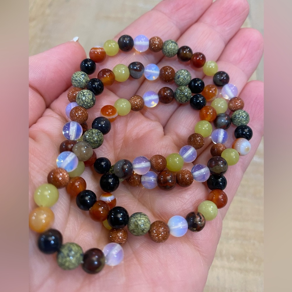 Multi color hard stone beaded intertwined bracelet stretch Opal onyx